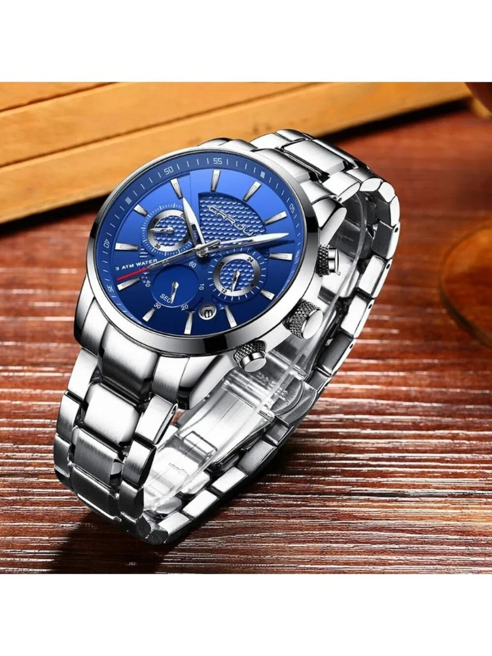 Men's Silver Blue Stainless Steel Chronograph Quartz Waterproof Wrist Watch